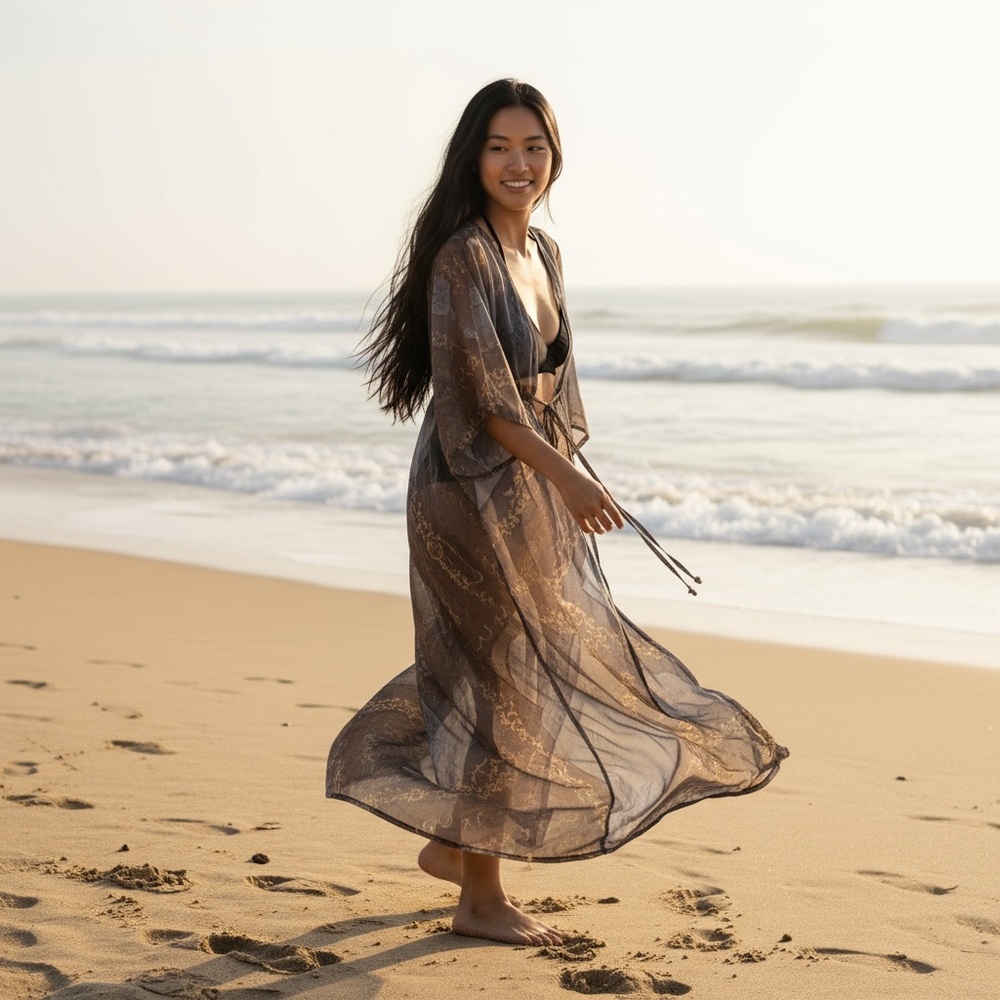 Silk Organza Maxi Duster Kimono Bohemian Print Beach Travel Hippy | Sz XS/S